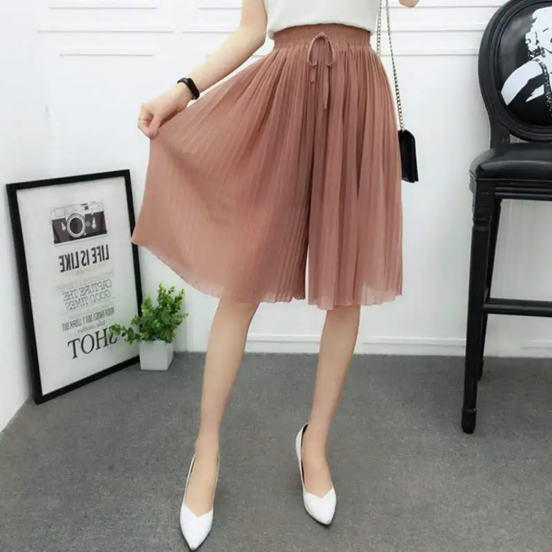 Chiffon Wide Leg Short Femme Trousers Women Loose Lace Up High Waist Knee Length Midi Pleated Summer Shorts Women Capris C7258