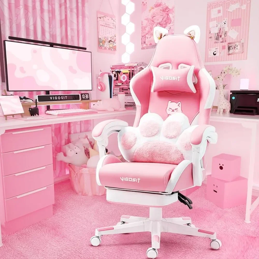 Pink Gaming Chair with Cat Paw Lumbar Cushion and Cat Ears, Ergonomic Computer Chair with Footrest, Reclining PC Game Chair xiberia s21 pink rabbit ears headset 3 5mm gaming headset passive noise cancelling headset 7 1 virtual channel live headset