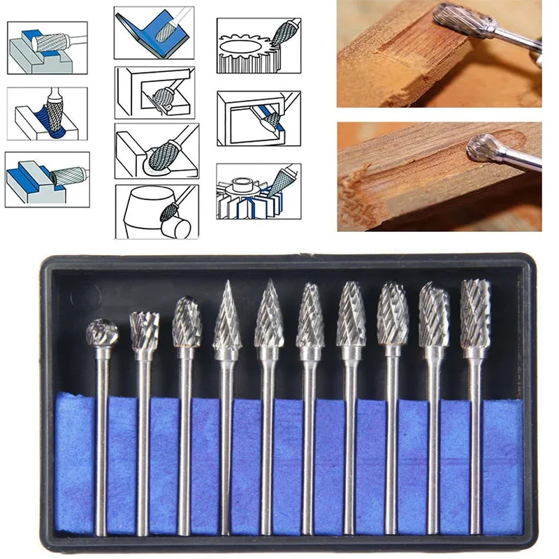 10PCS Carbide Burr Set Double Cut Cutting Burrs Tungsten Steel Die