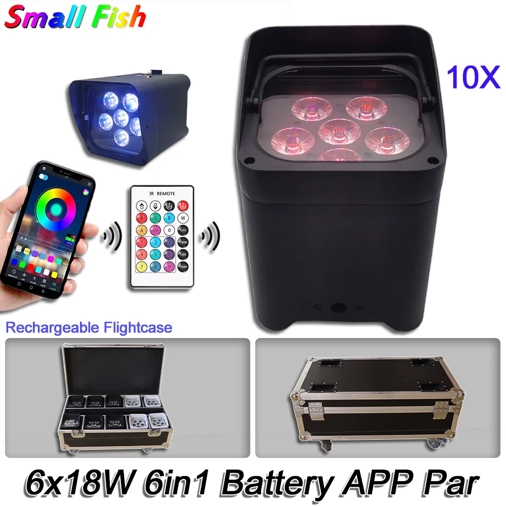 

10 Unit Wedding Rechargeable DMX Wireless Battery Powered 6in1 RGBWAUV 6x18W LED Flat Par Light With Rechargeable Flightcase