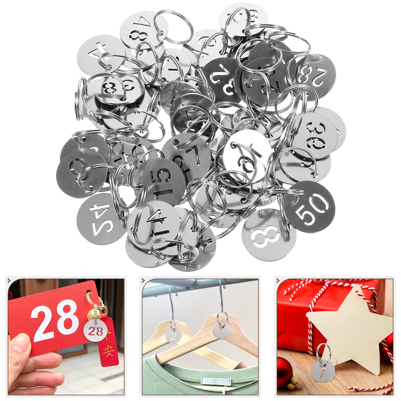 50 Pcs Stainless Steel Number Plate Key Labels with Rings Tags Round Hanging for Luggage Metal Numbered Keyring 6