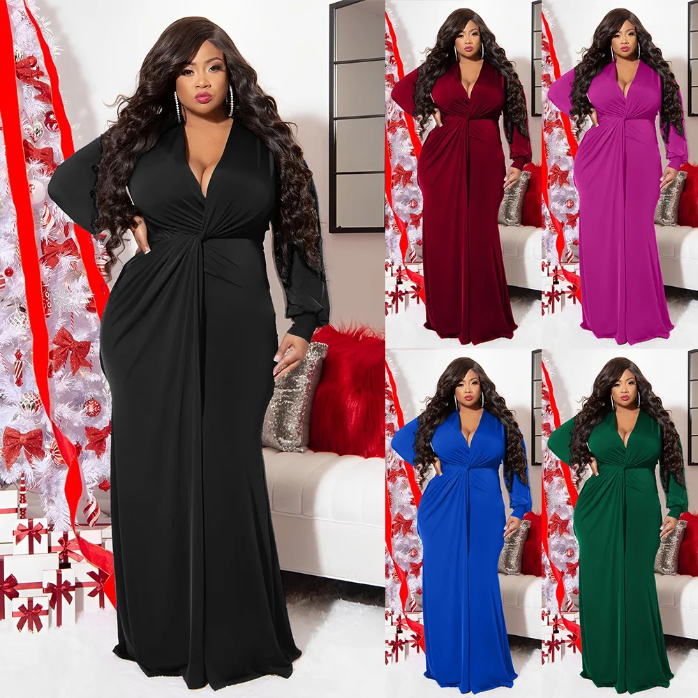 

Winter Women Fishtail Dress V-neck Plus Size Long Dresses