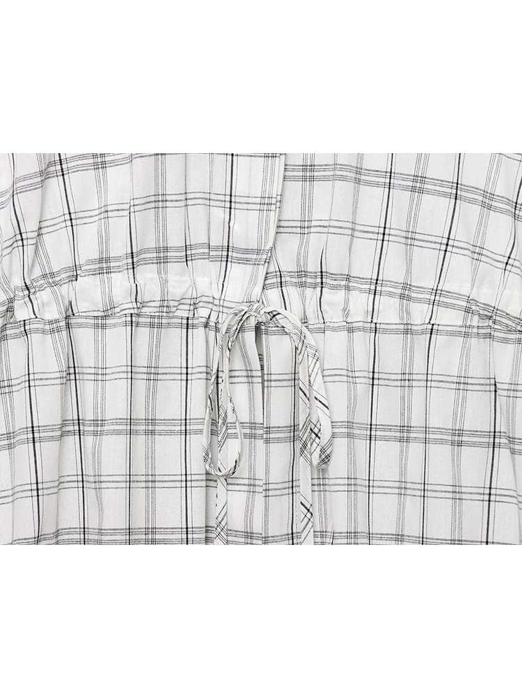 TFMLN 2025 Women's Long Sleeve Thin Shirt Plaid Single Breasted Loose Top Versatile Outerwear Stand Collar Waist Lace Up Shirt