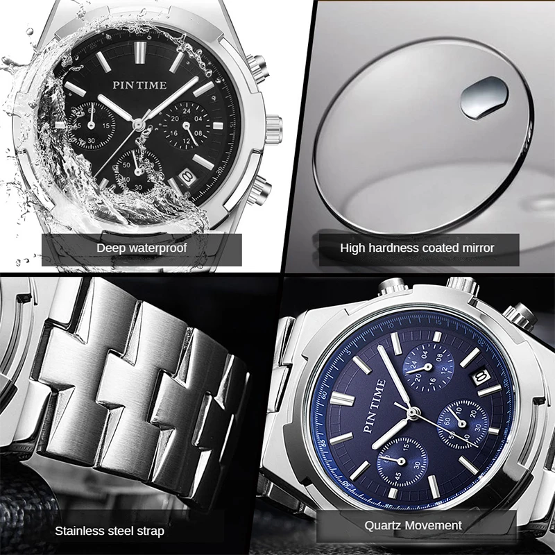 PINTIME Man Watch Stainless Steel Strap Six-Hand Dial Luminous Waterproof Calendar Fashion Quartz Wristwatch  Casuals Relogios