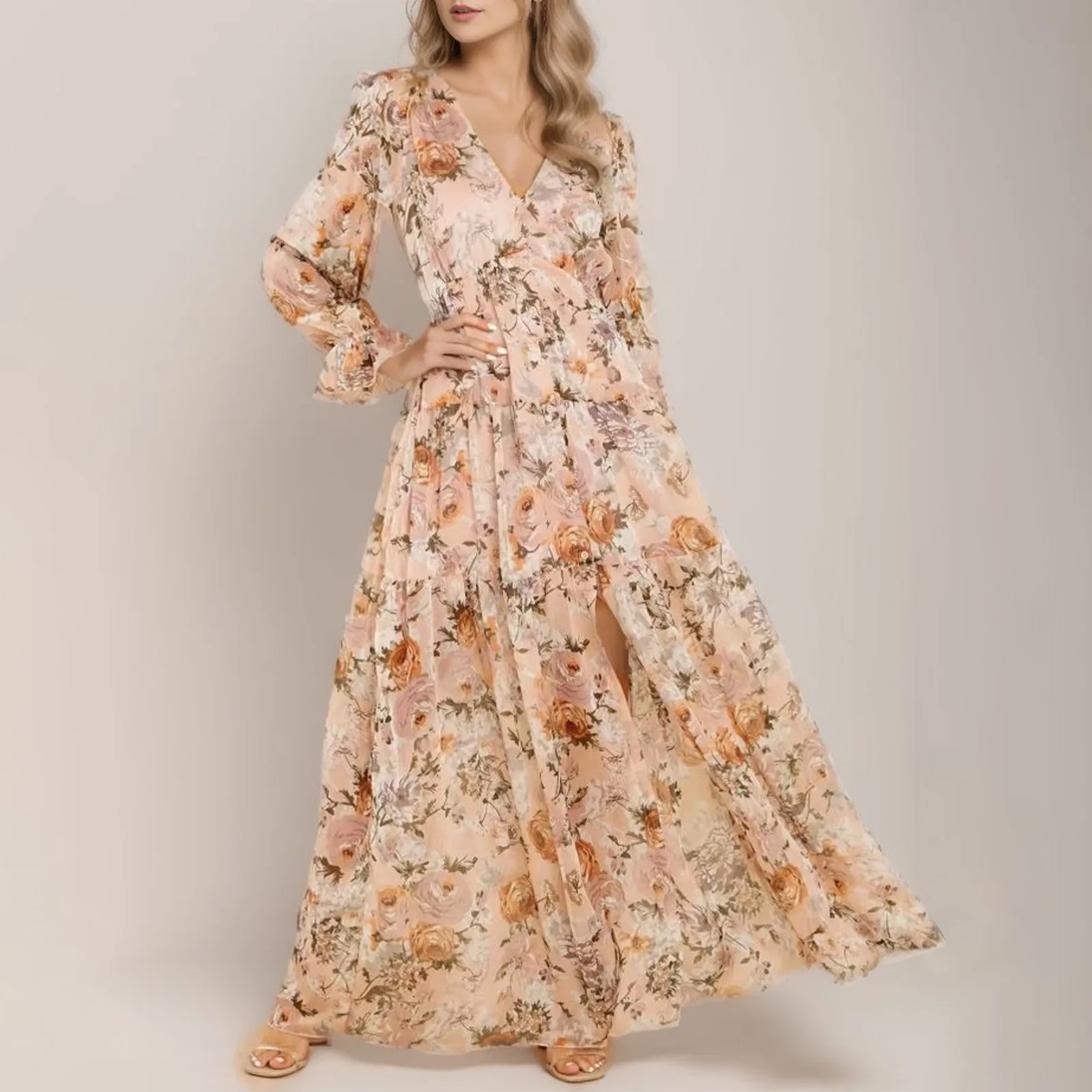 Robe longue élégante à imprimé floral et motif sur une épaule pour un usage quotidien main image 1