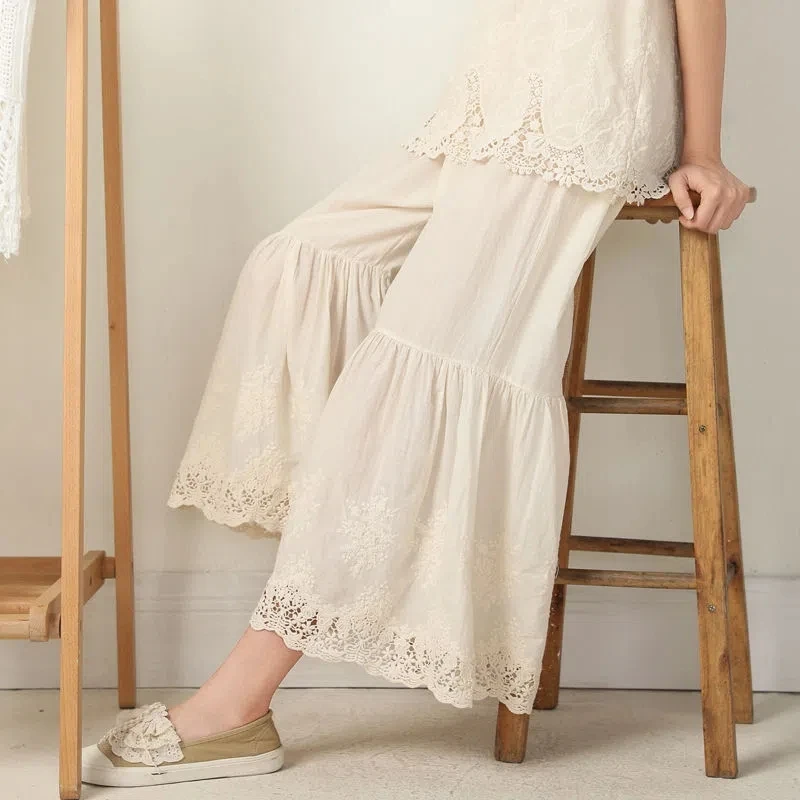2021 Spring Women Pants Mori Girl Fresh Waist Cotton Loose Lace