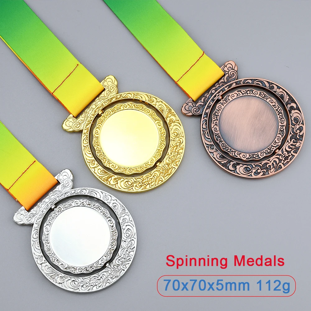 Spinning Medals Blank Medal Award with Neck Ribbon Prize Gift School Sports Souvenir Medal Football Ski Awards Trophy Free Print