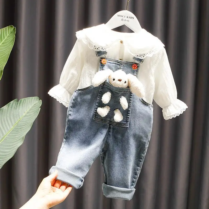 

New Children's Garments Autumn Girls' Strap Pants Set Denim Girls' Pants Cute Girls' Shirt