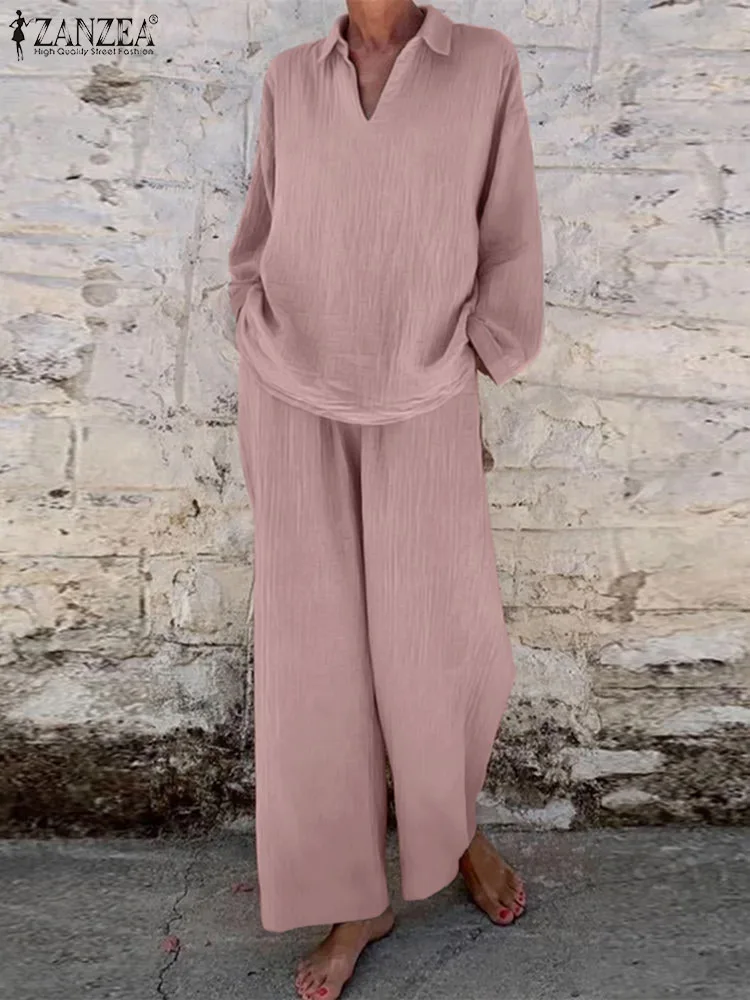 

Комплект Спортивный ZANZEA женский однотонный, модная блузка с длинным рукавом и брюки, свободный городской костюм, комплект из 2 предметов, осень 2023