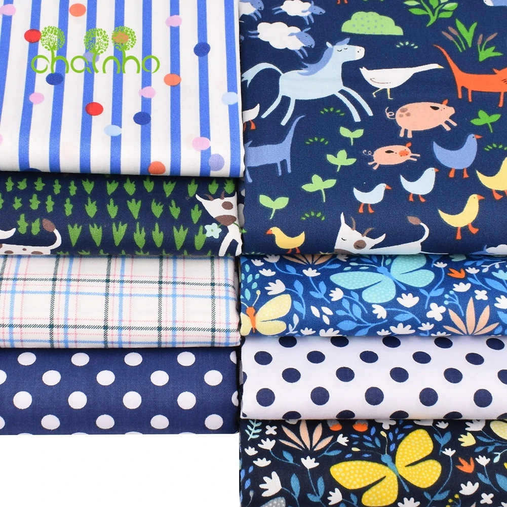 Chainho,Printed Twill Weave Cotton Fabric,Patchwork Cloth,DIY Sewing Quilting Material,Blue Farm Series,4 Specification,CC204