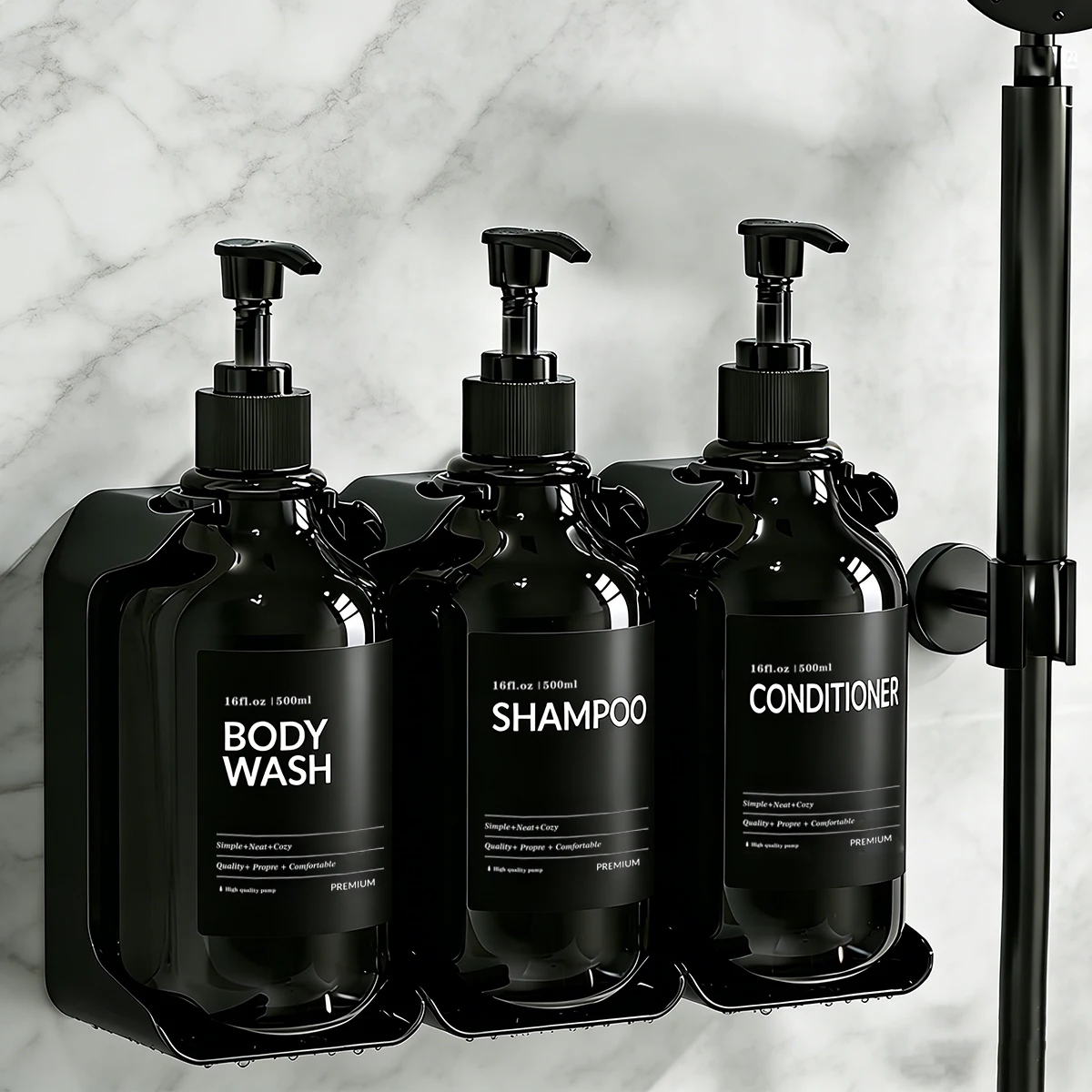 2 or 3 Chamber Shampoo and Conditioner Dispenser Set - No Drill Minimalist Bathroom Organizer, 16oz Refillable Pump Bottles - Image 2