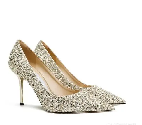 

Carpaton High Quality Glitter Embellished High Heel Shoes Sexy Pointed Toe Wedding Heels for Women Thin Heels Dress Shoes Gold