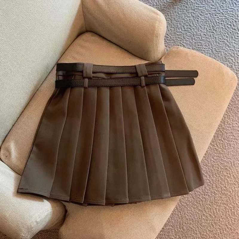Xpqbb 모든 경기 대학 스타일 Jk Pleated 스커트 여성 패션 더블 벨트 하이 웨이스트 스커트 여성 빈티지 브라운 미니 스커트