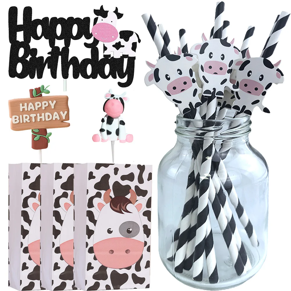 Farm Animal Party DIY Decorations Paper Straws Bags and Cake Toppers For Kids Baby Shower Cow Barn Farm Birthday Party Supplies