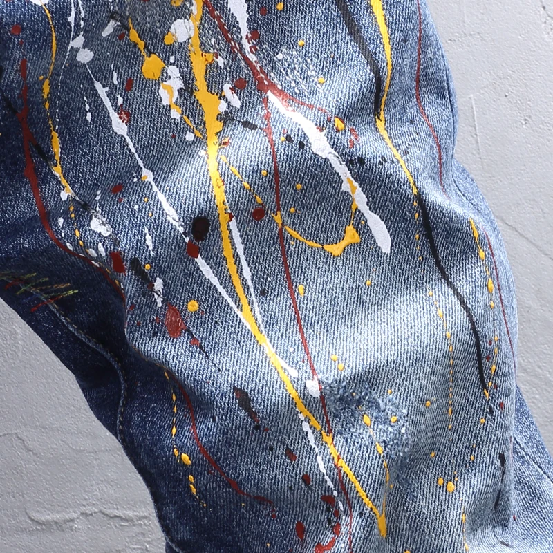 High Street Fashion Men Jeans Retro Blue Stretch Elastic Slim Fit Ripped Jeans Men Painted Designer Hip Hop Denim Pants Hombre