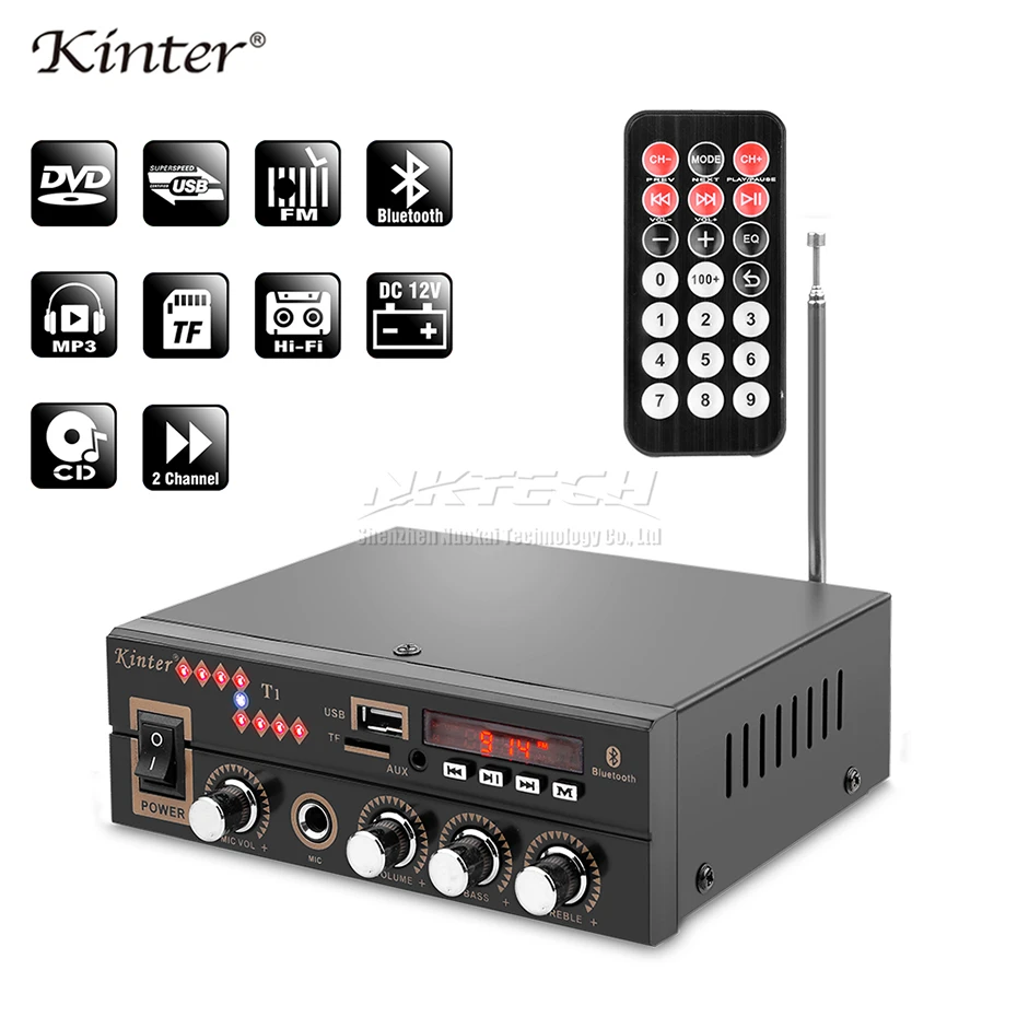 Car Power Amplifier Kinter T1 Digital Audio Player Bluetooth 2CH 25W RMS HiFi Stereo Super BASS DC12V 220-240V Karaoke MIC Input