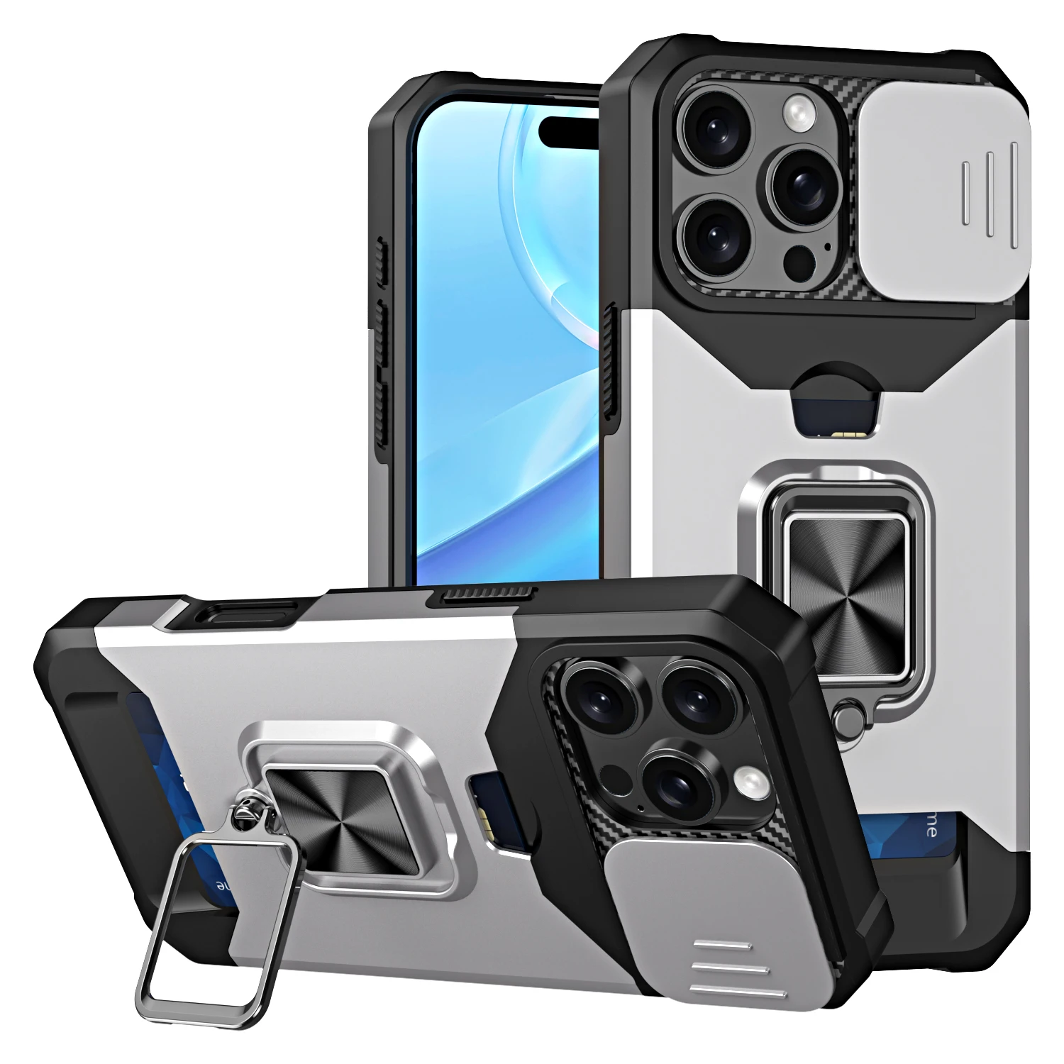 Phone Case with Slide Camera Cover, Card Holder, Ring Stand, and Wallet Slot