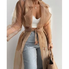 

Chicme See Through Sheer Mesh Long Sleeve Buttoned Coat Women Transparent Notched Collar Double Breasted Jackets Coats With Belt