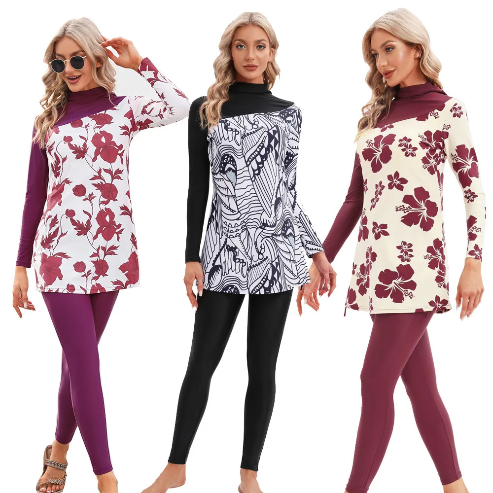 Arabo 3 Pz/Set Costumi Da Bagno Musulmani Donne Bianco Stampato Costume Da Bagno Copertura Completa Vestito Islamico Hijab Manica Lunga Costumi Da Bag