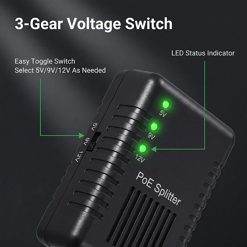 기가비트 PoE 분배기, 전환 가능한 전압 5V 9V 12V DIP 스위치 출력, 비-PoE IP 카메라, 라우터, WiFi AP 장치용