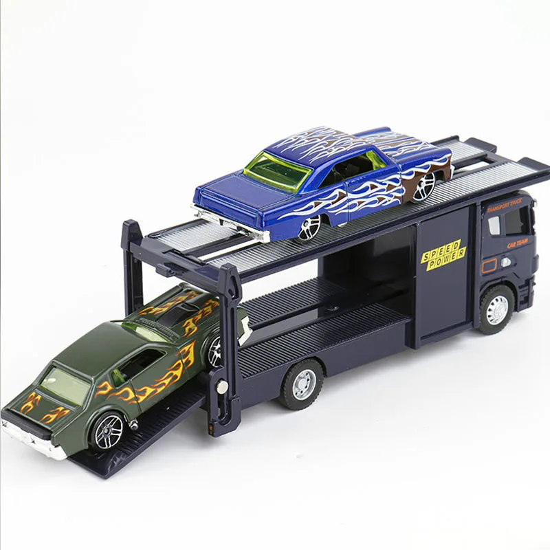 Scale 1:64 Container Alloy Trailer Model Toy Car Diecast Metal Movable Joint Pull Back Rescue Engineering Vehicles Gifts for Kid