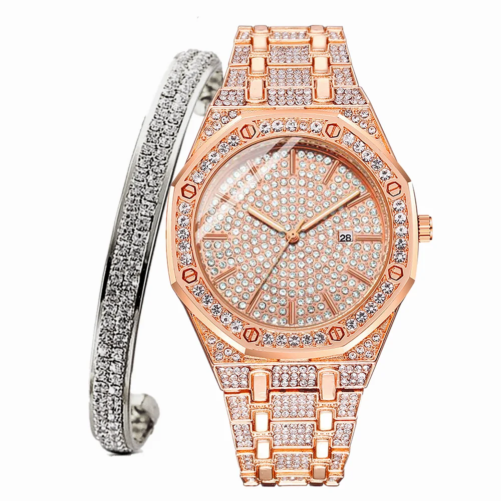 2PCS Iced Out Watch for Women Simple Charm Bracelet Fashion Luxury Sliver Gold Watch Diamond Jewelry Women Set Gifts Reloj Mujer