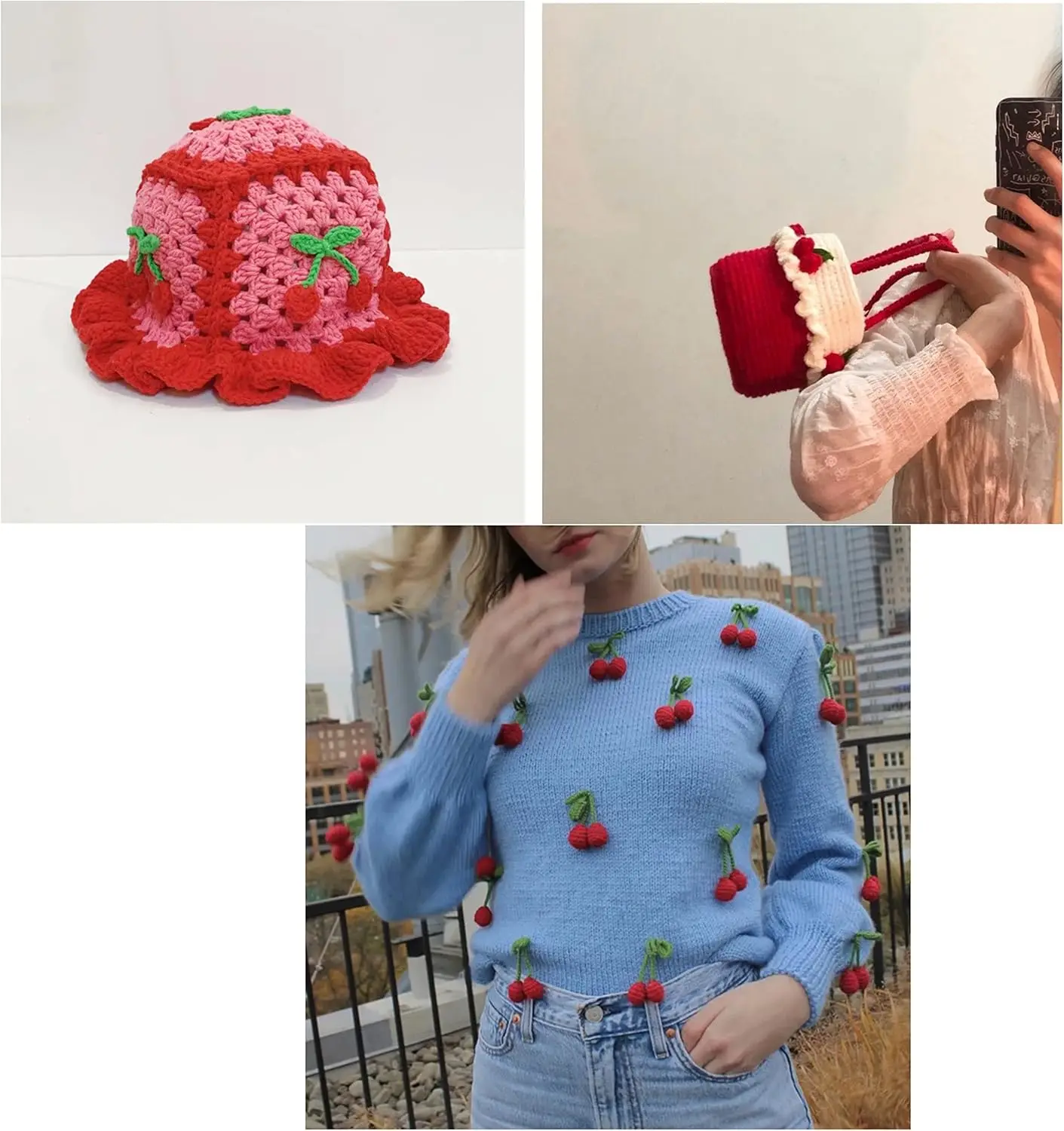 1PC 뜨개질 레드 핑크 옐로우 체리 브로치 후크 직조 장식품 과일 가슴 꽃 귀여운 가방 의류 펜던트 장식 DIY