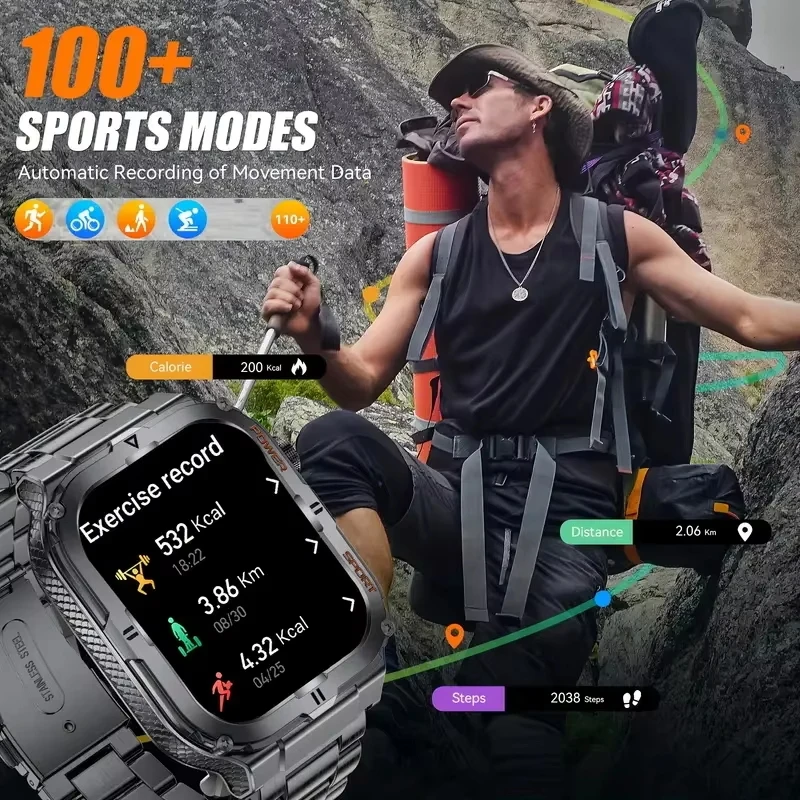 2026 new men's military smartwatch, flashlight motion trajectory multifunctional reminder outdoor tracking fitness smartwatch 5