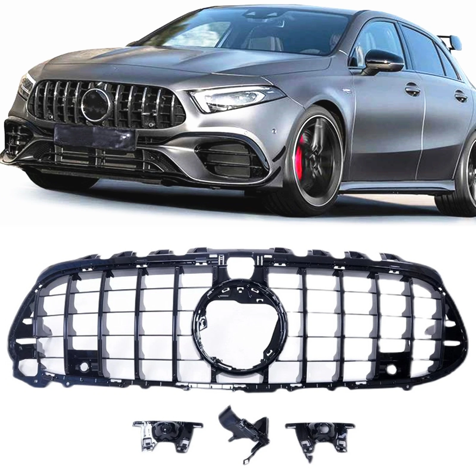 

For Mercedes Benz W118 W177 CLA45 A45 AMG 2019-2021 Hatchback GT Syle Front Black Grill Car Upper Bumper Hood Mesh Grid