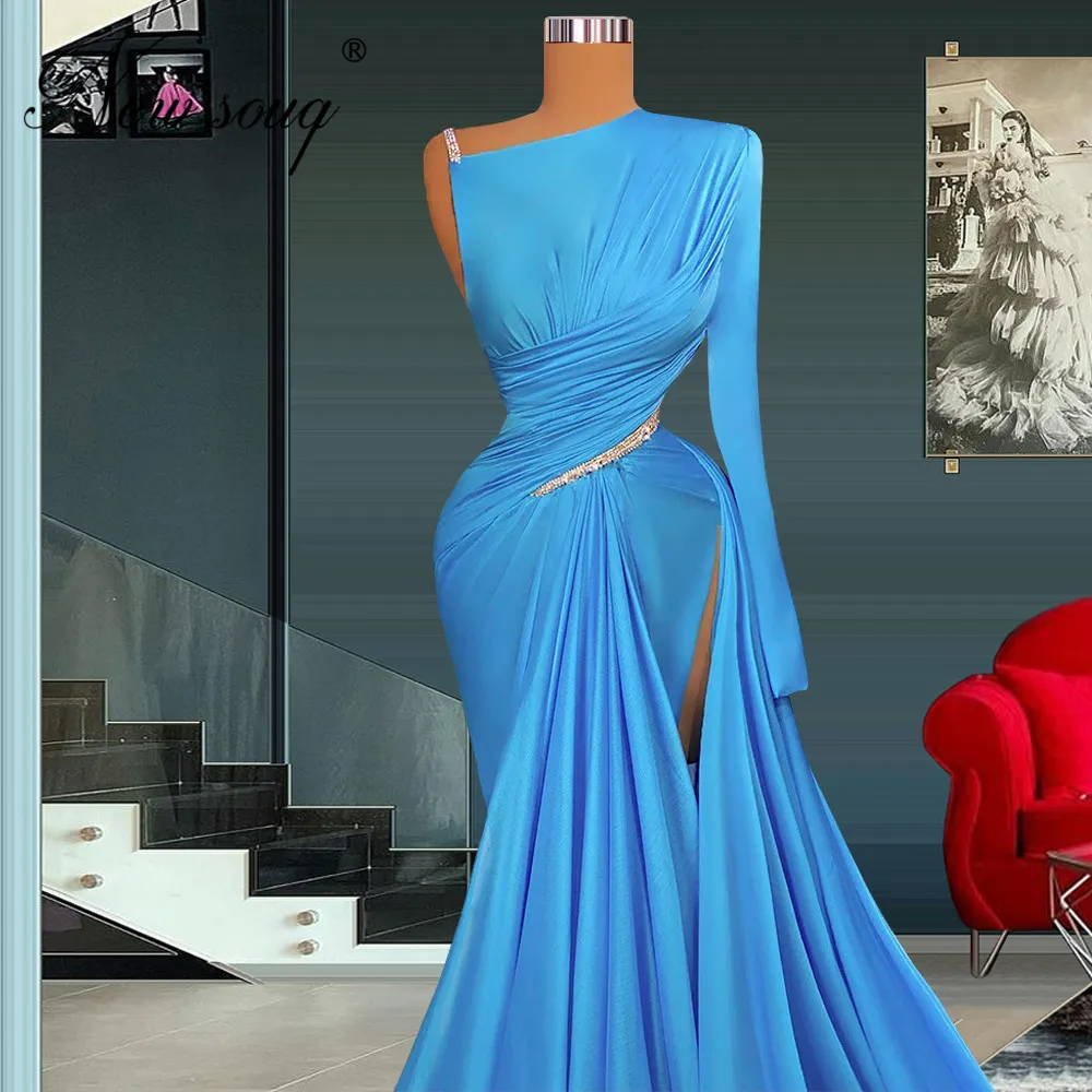 One Shoulder Blue Evening Gowns Elegant Long Pleat Celebrity Cocktail Dresses Sweep Train Arabic Dubai Girls Party Prom Dress evening gowns for women