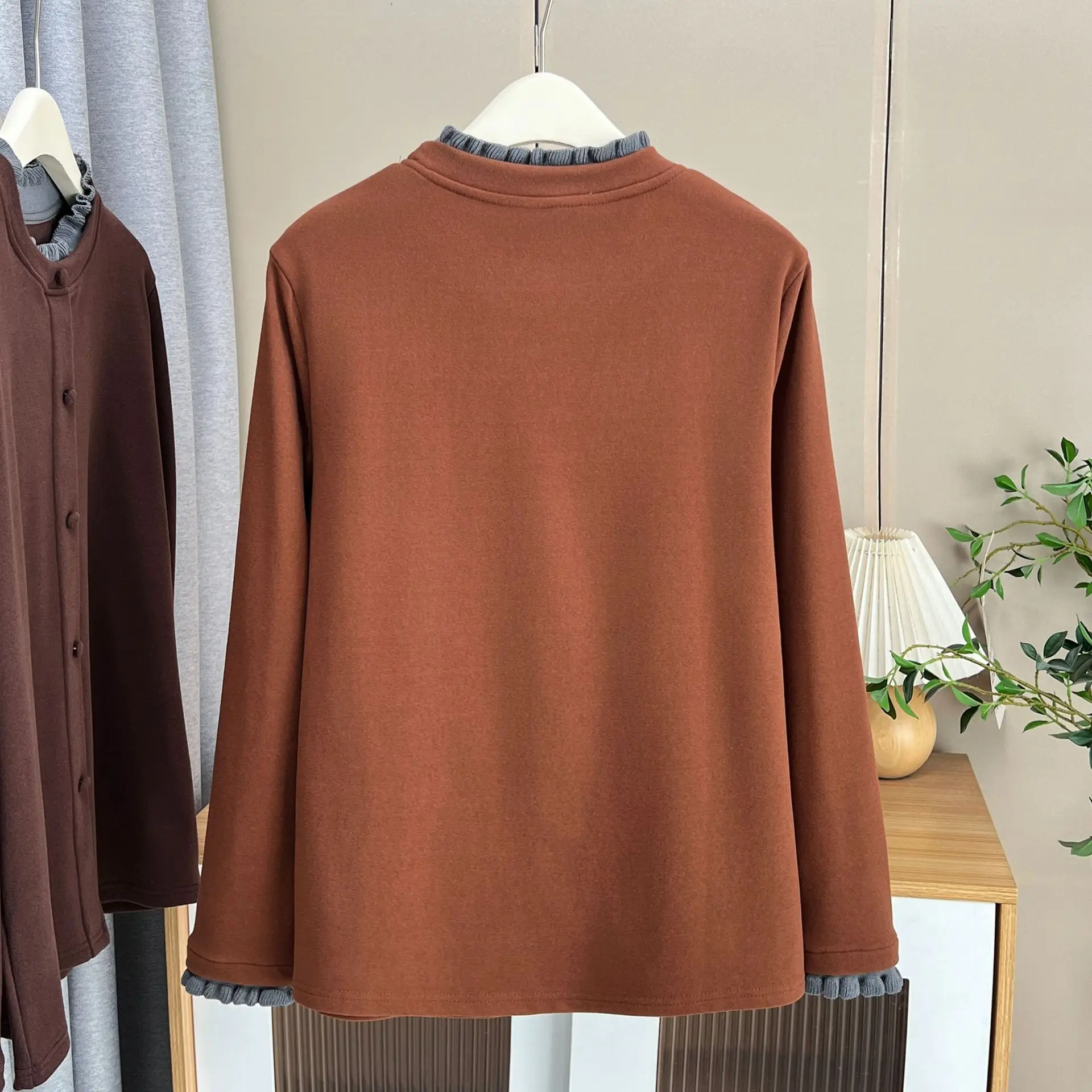 XXXXL Fashion Plus Size Women's T-Shirt Autumn Winter De Velvet Warm Block Color Ruffled Collar Long Sleeve Base Tops 984