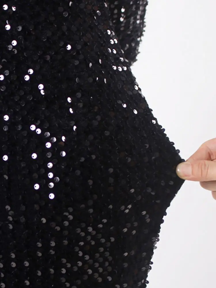 Romagic Sexy Black Sequin Hollow Out Long Sleeves Stretch Cocktail Dresses O Neck Night Club Party Birthday Mini Dress