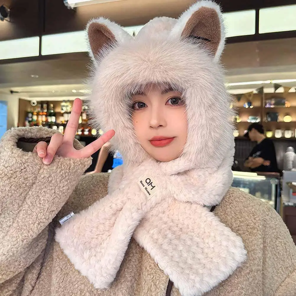 

Cute Winter Plush Hat For Girl Women 3 In 1 Scarf With Warm And Plush Thickening Neck Protection Set Beanies Caps Fluffy Hood