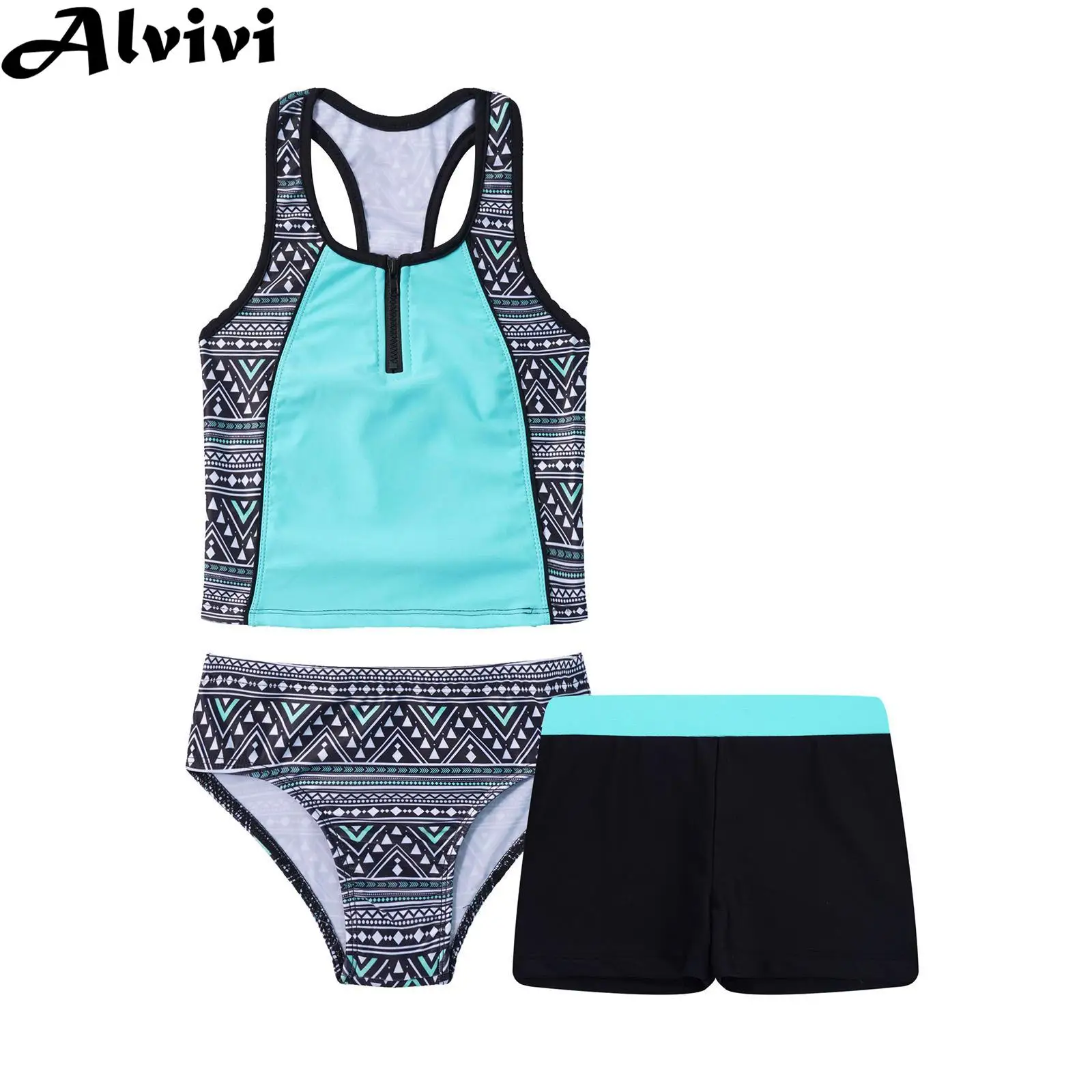 Teens Girls Swimwear Tankini Set Floral Print Sleeveless Racerback Tank Vest With Shorts And Bikini Briefs Bathing Suit Swimsuit