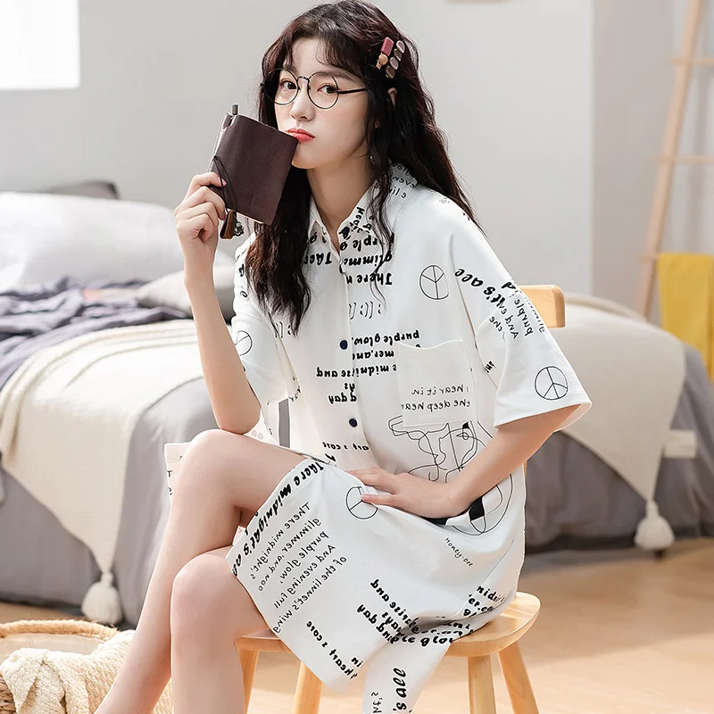 Summ women's sleeved cardigan, nightgown, pajamas, mid to long size shirt, dress, cotton home clothes, spring and_voghion.com