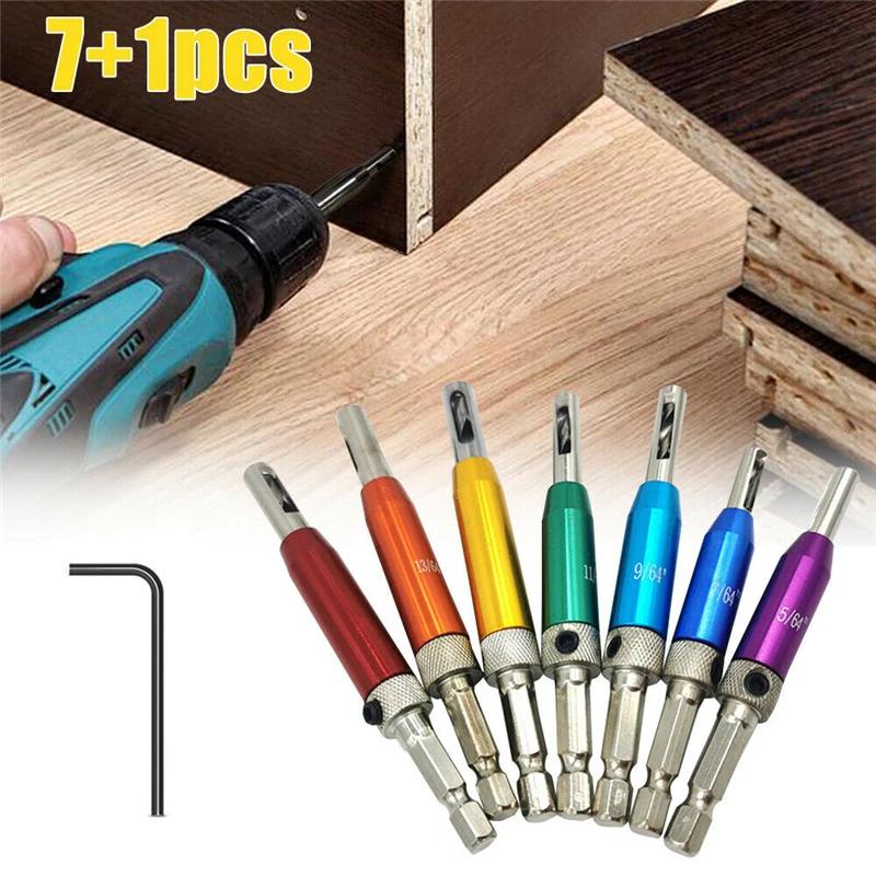 

7+1Pcs HSS Door Self-centering Hinge Drill Bit Set Hinge Tapper Core Screw Hole Puncher Woodworking Tools with Wrench