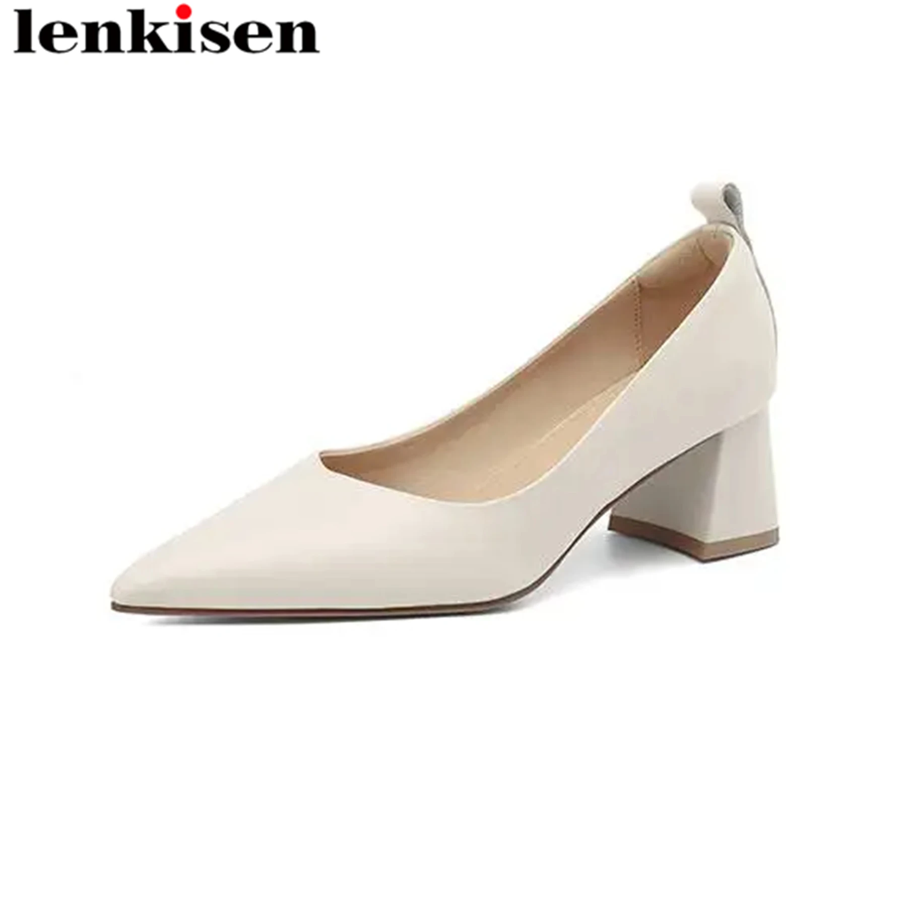 

Lenkisen 2024 Cow Leather Shallow Pointed Toe Chunky Med Heels Spring Summer Shoes Office Lady Solid Basic Elegant Women Pumps