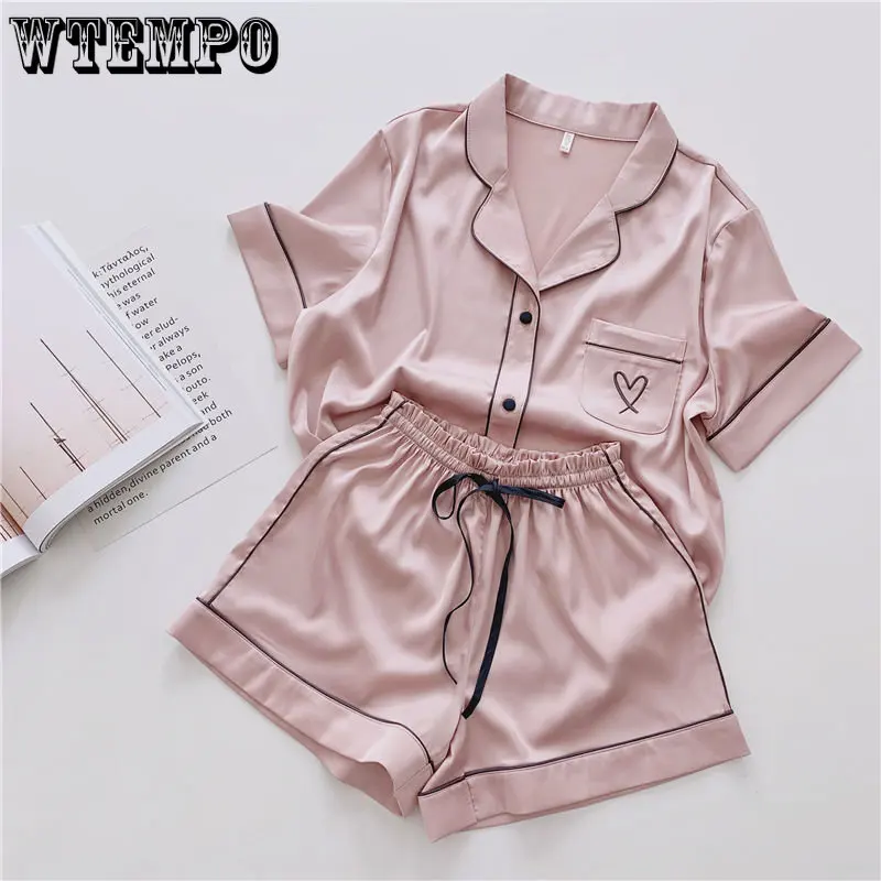 

Шелковый пижамный комплект для женщин, повседневный свободный домашний костюм, Однотонная футболка с коротким рукавом, рубашка и шорты, комплект из двух предметов, летняя Роскошная ночная рубашка