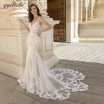 Splendido abito da sposa a sirena per la sposa tulle applicazioni di pizzo scollo a V senza spalline corte dei treni abiti da sposa abiti da sposa