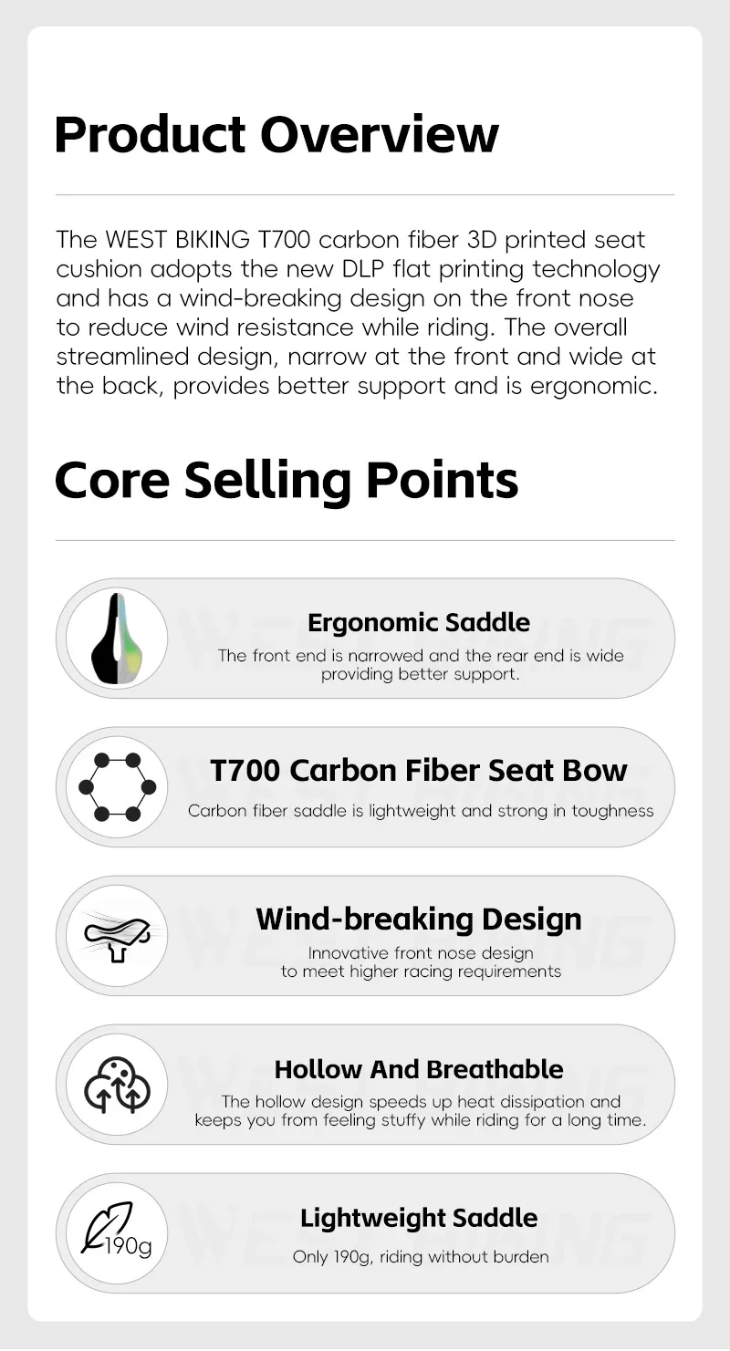Description Picture 3 of itemWEST BIKING Carbon 3D Printed Bike Saddle 145mm Short Nose Racing Bicycle Seat Ultralight Comfortable Road MTB Cycling Saddle