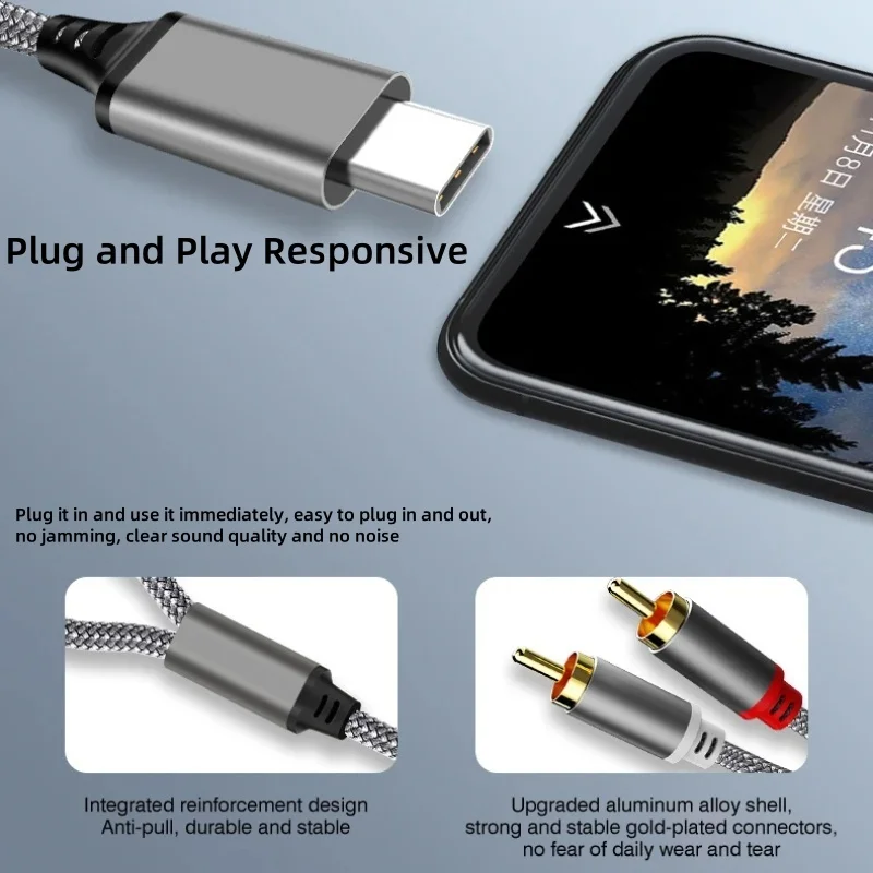 USB C to RCA Audio Cable, Type C to 2 RCA Connector for Speakers and Amplifiers, 1m Length