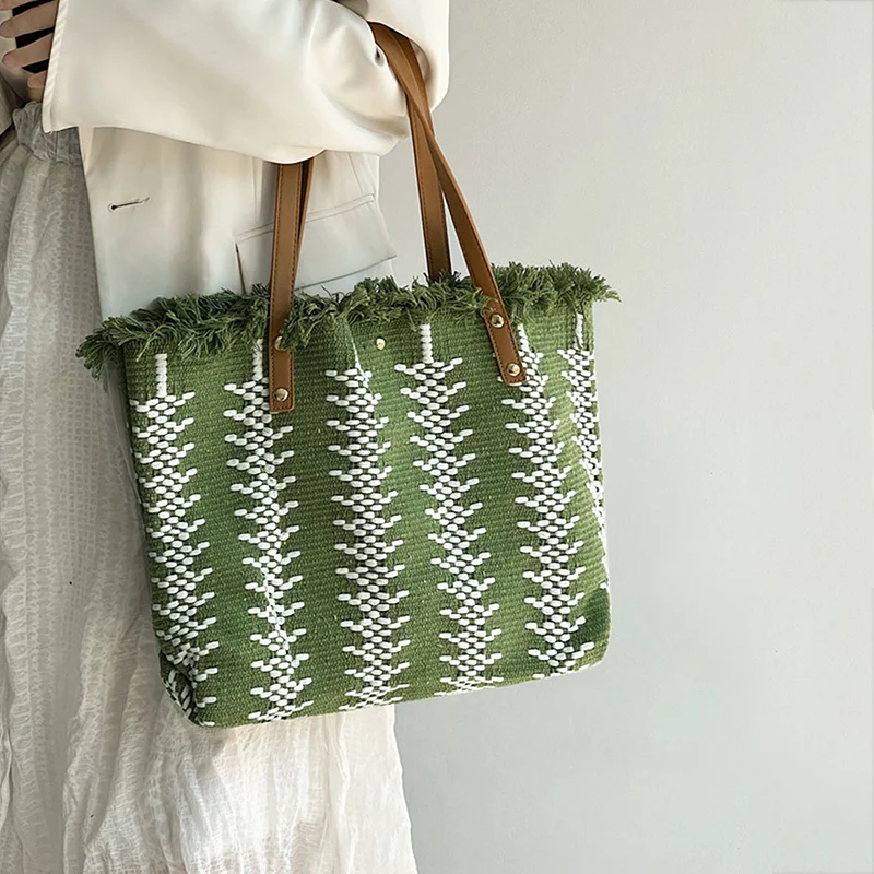 Fashion Cotton Linen Woven Tote Korean Simple Large Capacity Women Handbag Shoulder Bag Tassel Shopping Bag Travel Commuting Bag