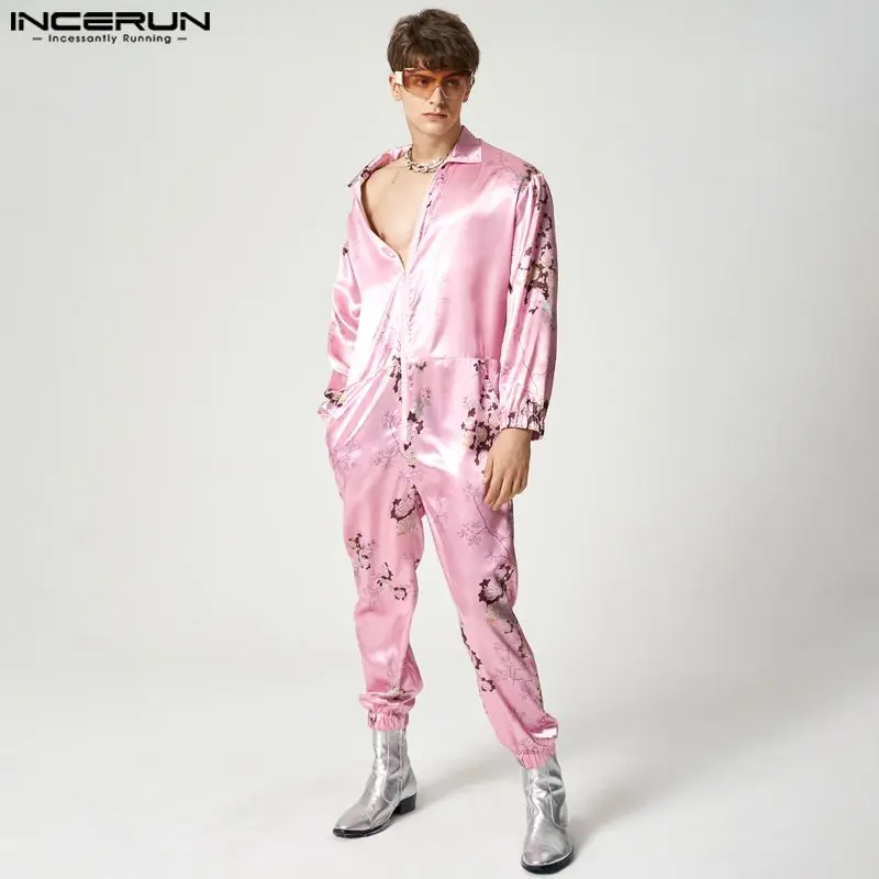 

INCERUN 2023 Fashion Men Jumpsuits Flower Printing Zipper Lapel Long Sleeve Casual Rompers Streetwear Leisure Men Overasll S-5XL