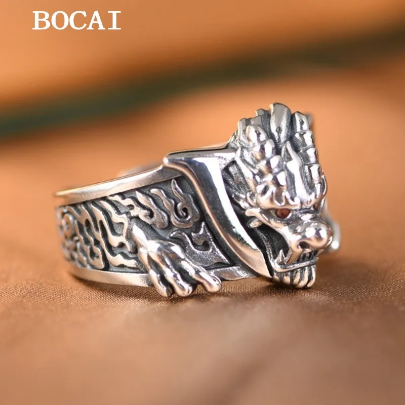 

BOCAI New S925 Silver Retro Personalized Ruyi Flame Pattern Three Dimensional Dragon Open Ring Men's Gift Free Shipping