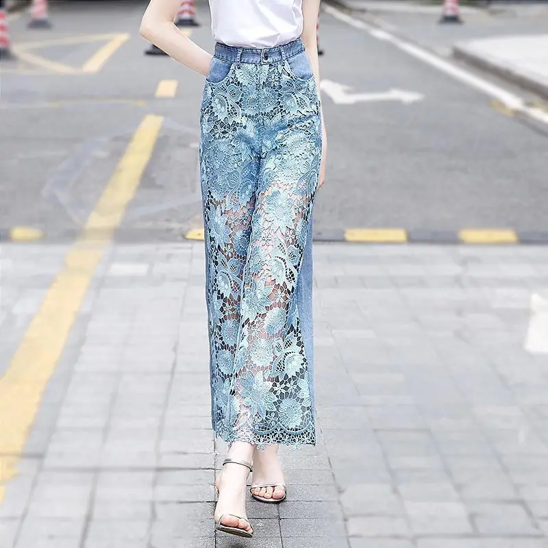 Summer New Fashion Versatile Hollow Out Lace Panel Wide Leg Jeans Women Button Zipper Pocket Casual Thin Loose Straight Pants