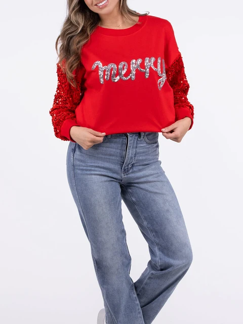 Women s Christmas Loose Pullover Glitter Sequin Long Sleeve Crew Neck Reindeer Printed Sweatshirt with Pockets 4