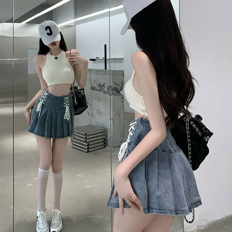 Denim Skirts Women Hotsweet Pleated Preppy Style Vintage Summer Lace Up Design High Waist Chic Mini Korean Fashion Streetwear