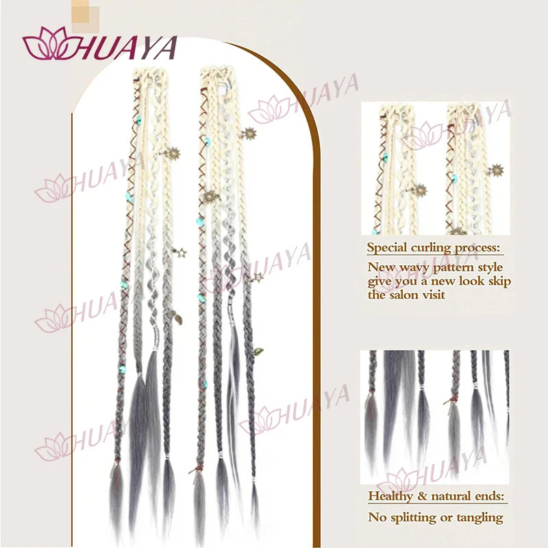 Hand-Braided Synthetic Fiber Water-Drop BB Clip-In Hair Extensions, 2 Pieces Per Set, 20-Inch Bohemian Beaded Braids, Versatile