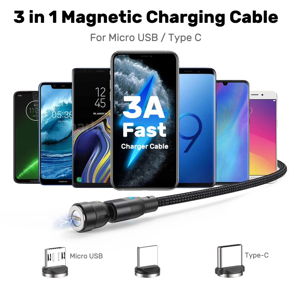 Enhanced Magnetic Fast Charging Cable 3A – Rotatable USB Type C Data Cord