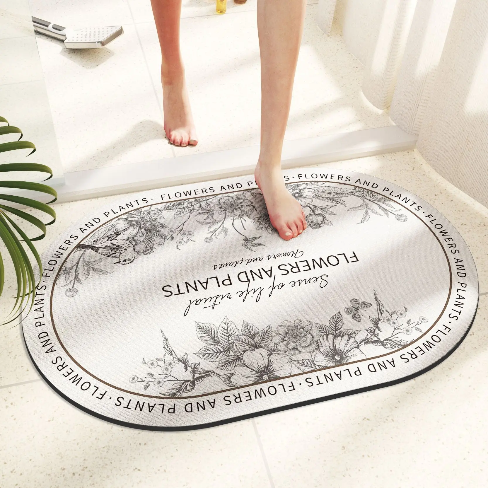 흡수성 규조토 목욕 매트, 부케 패턴, 타원형, 빠른 건조, 세탁 가능한 욕실 러그, 미끄럼 방지 고무, 뒷면 반원